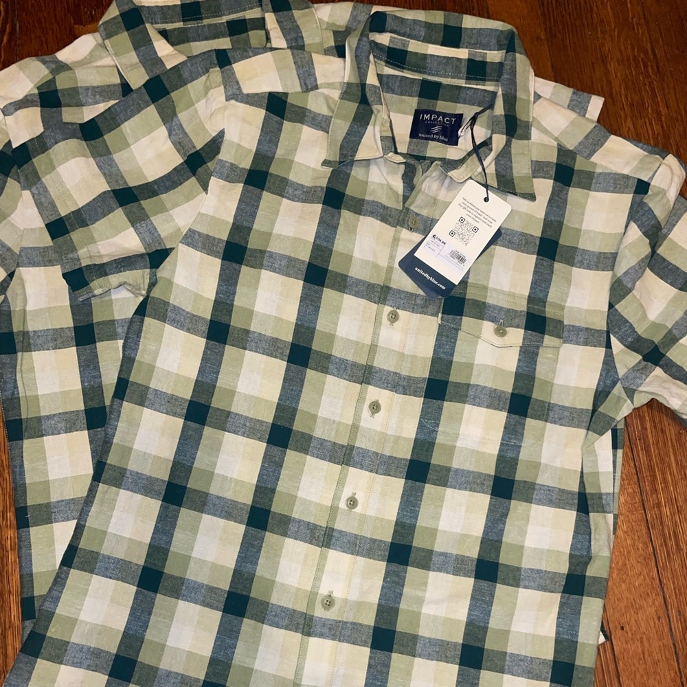 United By Blue chambray button up plaid collar shirt short sleeve nwt blue green